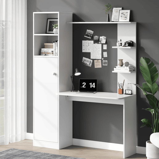 Secretária de estudo e escritório 123,5 x 45 x 168,5 cm - com armário e prateleiras de arrumação, design moderno de escritório - branco