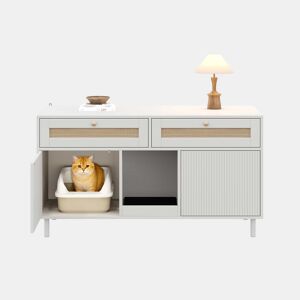 Armário para caixa de areia para gatos 120x50x65 cm - com tapete anti-poeira para areia, gaveta de vime, móvel multifuncional para animais de estimação e TV, sem caixa de areia - Branco