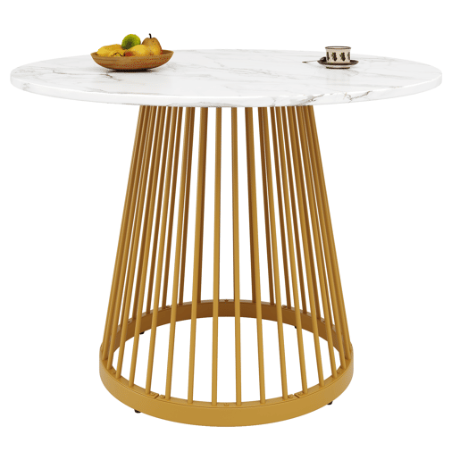 Mesa redonda 80x80x76 cm - Mesa de cozinha, mesa de café para 4 pessoas, com pernas de metal e tampo em MDF marmorizado - Dourada