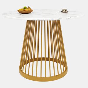 Mesa redonda 80x80x76 cm - Mesa de cozinha, mesa de café para 4 pessoas, com pernas de metal e tampo em MDF marmorizado - Dourada