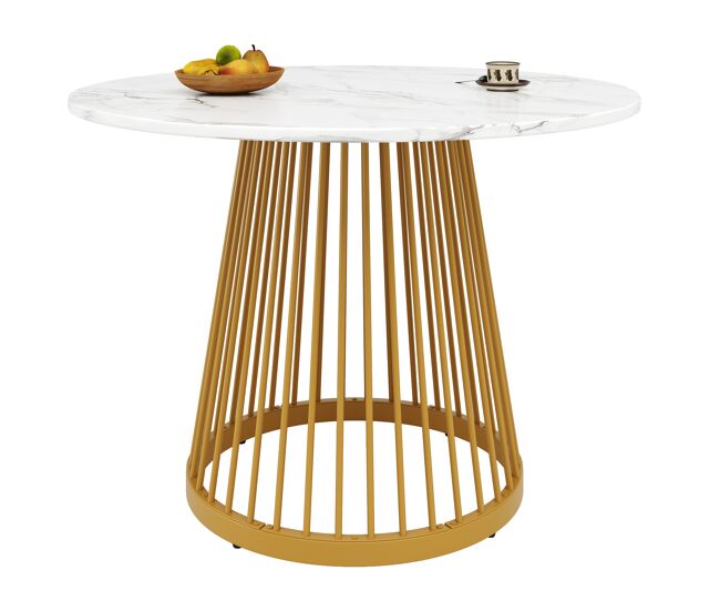 Mesa redonda 80x80x76 cm - mesa de cocina, mesa de café para 4 personas, con patas de metal y tablero mdf marmoleado - dorada