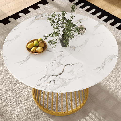 Mesa redonda 80x80x76 cm - Mesa de cozinha, mesa de café para 4 pessoas, com pernas de metal e tampo em MDF marmorizado - Dourada