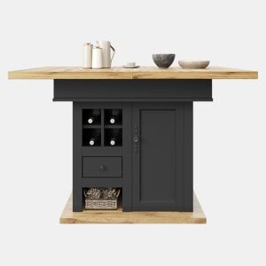 Mesa extensível telescópica (110-140×80 cm) - Mesa de cozinha com prateleira para garrafas de vinho e gavetas - Cor madeira
