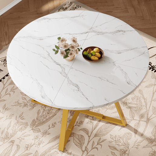 Mesa de jantar redonda 120 cm - Mesa de cozinha com pernas metálicas, efeito mármore, branca