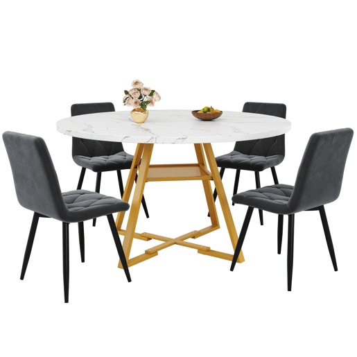 Mesa de jantar redonda 120 cm - Mesa de cozinha com pernas metálicas, efeito mármore, branca