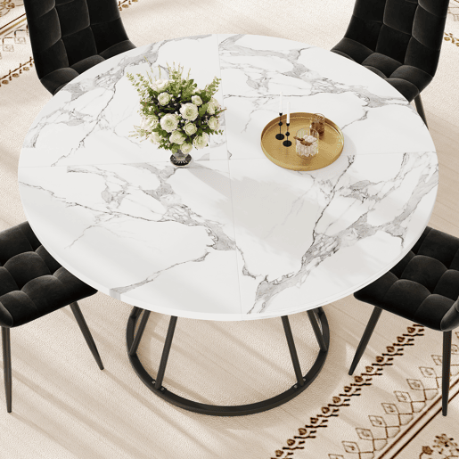 Mesa de jantar redonda 100x100 cm - Mesa de cozinha com pernas metálicas, padrão mármore - Preto