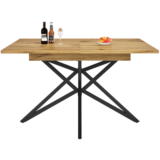Mesa extensível 120 (160) x 80 cm - Mesa de cozinha, mesa de pequeno-almoço, pernas em forma de estrela, pernas em ferro preto, tampo em nogueiraimitação mármore