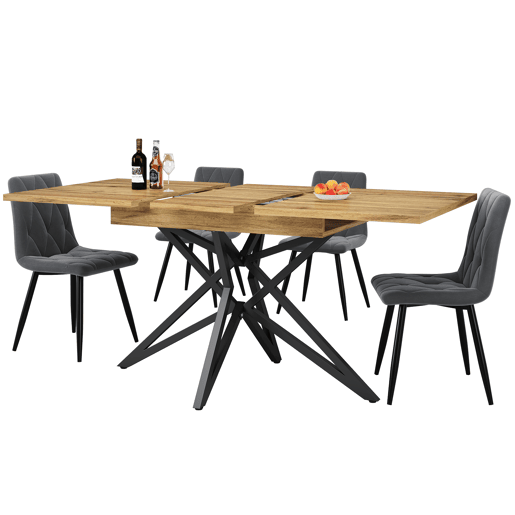 Mesa extensível 120 (160) x 80 cm - Mesa de cozinha, mesa de pequeno-almoço, pernas em forma de estrela, pernas em ferro preto, tampo em nogueiraimitação mármore