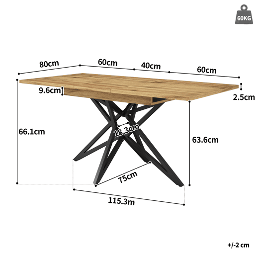 Mesa extensível 120 (160) x 80 cm - Mesa de cozinha, mesa de pequeno-almoço, pernas em forma de estrela, pernas em ferro preto, tampo em nogueiraimitação mármore