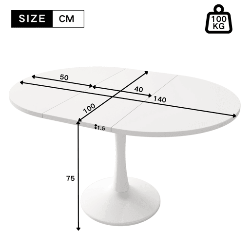Mesa de jantar extensível 100140 x 100 x 75 cm - Mesa ovalada, mesa de café, estilo moderno - Branco