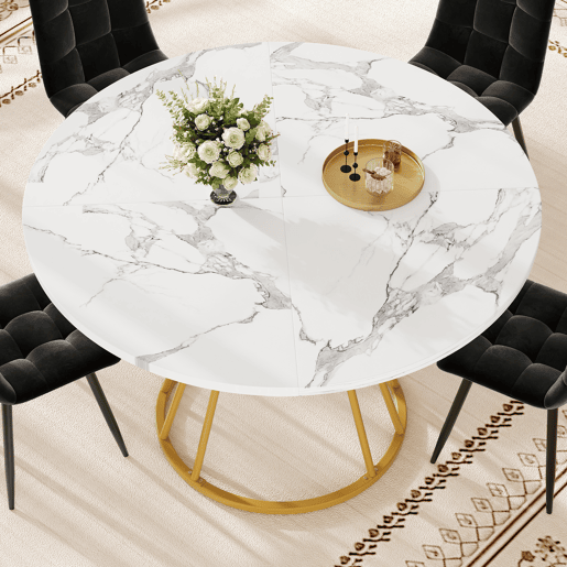 Mesa redonda de jantar 1 peça - Mesa de cozinha, pernas metálicas, design em mármore, dourado