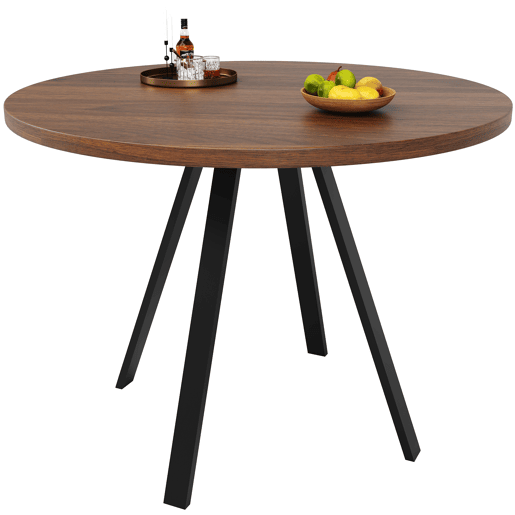 Mesa de jantar redonda moderna (80 cm de diâmetro), suporte de metal, tampo com efeito de grão de madeira, castanho