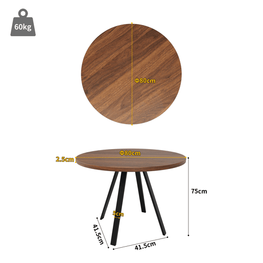 Mesa de jantar redonda moderna (80 cm de diâmetro), suporte de metal, tampo com efeito de grão de madeira, castanho