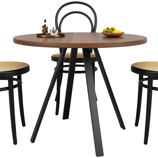 Mesa de jantar redonda moderna (80 cm de diâmetro), suporte de metal, tampo com efeito de grão de madeira, castanho