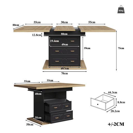Mesa extensÃvel 110x80x75 cm - Aumento até 140 cm - Para 6 pessoas - Madeira natural Mesa extensÃvel 110x80x75 cm - Aumento até 140 cm - Para 6 pessoas - Madeira natural