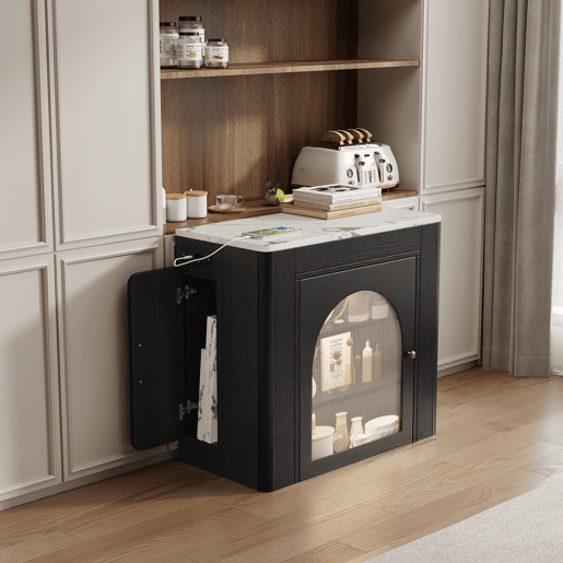 Ilha de cozinha com rodas, mesa de jantar extensível com tampo removível - Carrinho móvel com tomadas - Branco e Preto