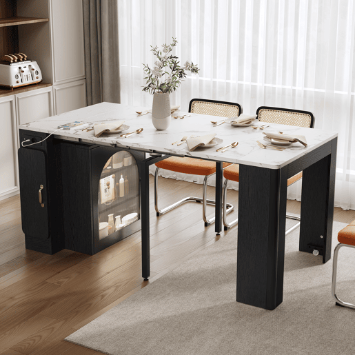 Ilha de cozinha com rodas, mesa de jantar extensível com tampo removível - Carrinho móvel com tomadas - Branco e Preto