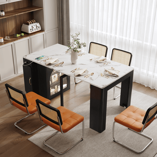 Ilha de cozinha com rodas, mesa de jantar extensível com tampo removível - Carrinho móvel com tomadas - Branco e Preto