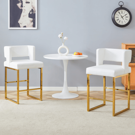 Bancos de bar 2 unidades - estilo nórdico, design quadrado, pernas metálicas douradas - Branco+Dourado