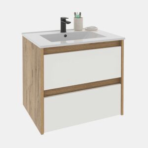Armário de banheiro suspenso Nilo, 60 cm, branco fosco e carvalho kraft, 2 gavetas, 60 x 60 x 46 cm (sem pia)