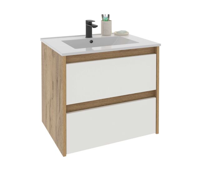 Mueble de baño suspendido 60 cm nilo blanco mate y roble kraft 2 cajones 60x60x46 cm (sin lavabo)