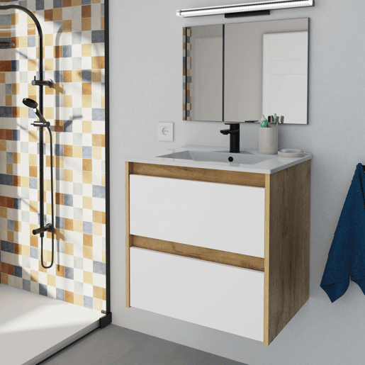 Armário de banheiro suspenso Nilo, 60 cm, branco fosco e carvalho kraft, 2 gavetas, 60 x 60 x 46 cm (sem pia)