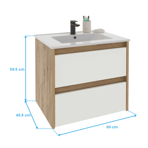 Armário de banheiro suspenso Nilo, 60 cm, branco fosco e carvalho kraft, 2 gavetas, 60 x 60 x 46 cm (sem pia)