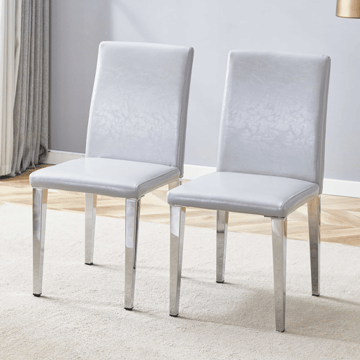 Cadeiras de sala de jantar 2 unidades - design minimalista, estofadas em PU cinza claro com pernas metálicas prateadas - Cinza claro e Prateado
