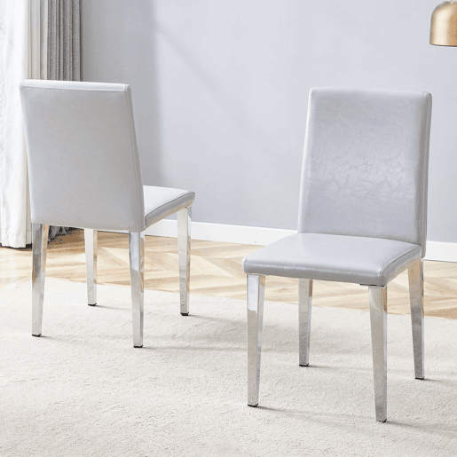 Cadeiras de sala de jantar 2 unidades - design minimalista, estofadas em PU cinza claro com pernas metálicas prateadas - Cinza claro e Prateado
