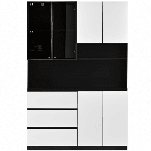 Armário de cozinha com vitrina LED 120,5 x 40 x 180 cm - 3 gavetas, 6 portas, prateleiras e espaço para micro-ondas - branco e preto Armário de cozinha com vitrina LED 120,5 x 40 x 180 cm - 3 gavetas, 6 portas, prateleiras e espaço para micro-ondas - branco e preto