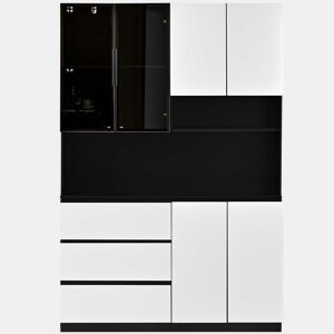 Armário de cozinha com vitrina LED 120,5 x 40 x 180 cm - 3 gavetas, 6 portas, prateleiras e espaço para micro-ondas - branco e preto