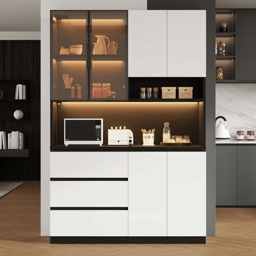 Armário de cozinha com vitrina LED 120,5 x 40 x 180 cm - 3 gavetas, 6 portas, prateleiras e espaço para micro-ondas - branco e preto Armário de cozinha com vitrina LED 120,5 x 40 x 180 cm - 3 gavetas, 6 portas, prateleiras e espaço para micro-ondas - branco e preto