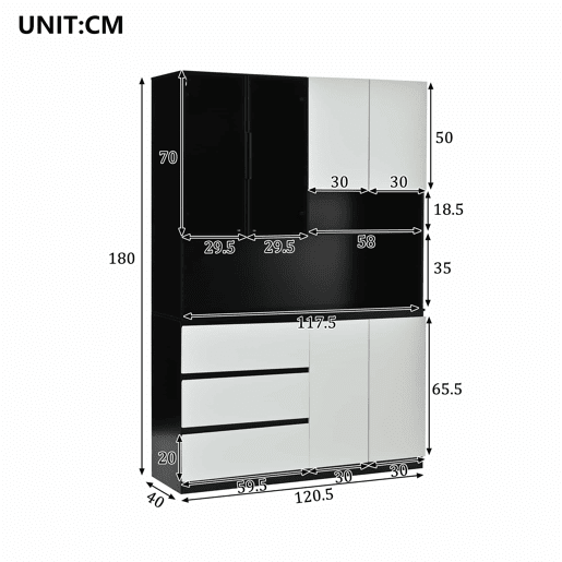 Armário de cozinha com vitrina LED 120,5 x 40 x 180 cm - 3 gavetas, 6 portas, prateleiras e espaço para micro-ondas - branco e preto Armário de cozinha com vitrina LED 120,5 x 40 x 180 cm - 3 gavetas, 6 portas, prateleiras e espaço para micro-ondas - branco e preto