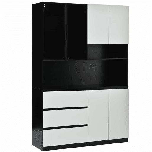 Armário de cozinha com vitrina LED 120,5 x 40 x 180 cm - 3 gavetas, 6 portas, prateleiras e espaço para micro-ondas - branco e preto Armário de cozinha com vitrina LED 120,5 x 40 x 180 cm - 3 gavetas, 6 portas, prateleiras e espaço para micro-ondas - branco e preto