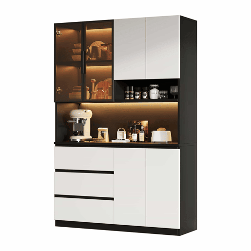 Armário de cozinha com vitrina LED 120,5 x 40 x 180 cm - 3 gavetas, 6 portas, prateleiras e espaço para micro-ondas - branco e preto Armário de cozinha com vitrina LED 120,5 x 40 x 180 cm - 3 gavetas, 6 portas, prateleiras e espaço para micro-ondas - branco e preto