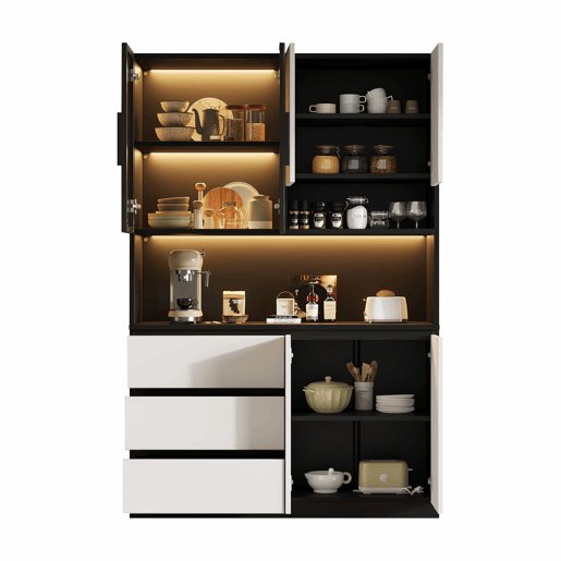 Armário de cozinha com vitrina LED 120,5 x 40 x 180 cm - 3 gavetas, 6 portas, prateleiras e espaço para micro-ondas - branco e preto Armário de cozinha com vitrina LED 120,5 x 40 x 180 cm - 3 gavetas, 6 portas, prateleiras e espaço para micro-ondas - branco e preto