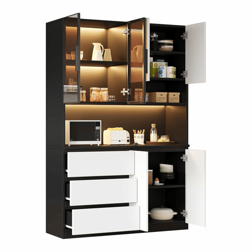 Armário de cozinha com vitrina LED 120,5 x 40 x 180 cm - 3 gavetas, 6 portas, prateleiras e espaço para micro-ondas - branco e preto Armário de cozinha com vitrina LED 120,5 x 40 x 180 cm - 3 gavetas, 6 portas, prateleiras e espaço para micro-ondas - branco e preto