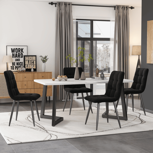 Mesa de jantar - tampo em mármore - pés em metal preto - 117x68cm - Preto e branco
