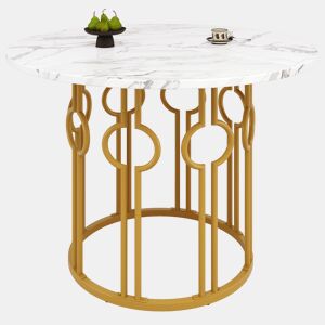 Mesa redonda 100x100x76 cm - Mesa de jantar com pernas metálicas e tampo em MDF marmorizado - Dourado
