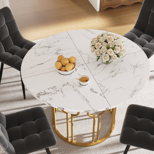 Mesa redonda 100x100x76 cm - Mesa de jantar com pernas metálicas e tampo em MDF marmorizado - Dourado