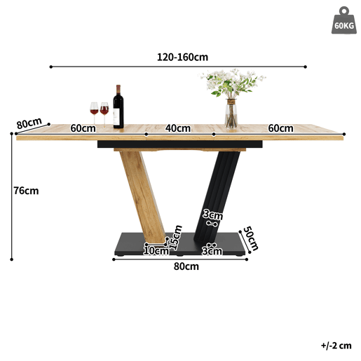 Mesa extensÃvel 120160 x 80 x 76 cm - Mesa de cozinha e sala com pernas em forma de asa - Cor madeira Mesa extensÃvel 120160 x 80 x 76 cm - Mesa de cozinha e sala com pernas em forma de asa - Cor madeira