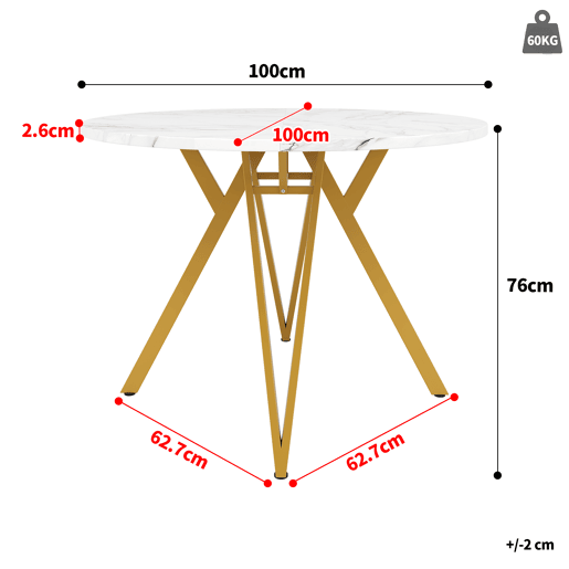 Mesa redonda 100x100 cm - Mesa de cozinha, mesa de jantar para 4 pessoas, pernas metálicas, tampo em MDF mármore - Dourado