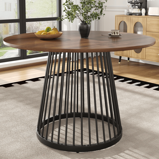 Mesa redonda 80x80x76 cm - Mesa de cozinha, mesa de café para 4 pessoas, com pernas de metal e tampo em MDF cor nogueira - Preto+Nogueira