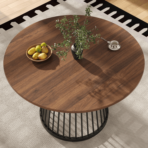 Mesa redonda 80x80x76 cm - Mesa de cozinha, mesa de café para 4 pessoas, com pernas de metal e tampo em MDF cor nogueira - Preto+Nogueira