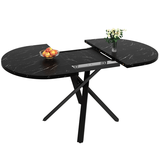 Mesa redonda extensível com efeito mármore - 100 cm (extensível até 140 cm) x 75,5 cm - Estrutura metálica X preta Mesa redonda extensível com efeito mármore - 100 cm (extensível até 140 cm) x 75,5 cm - Estrutura metálica X preta