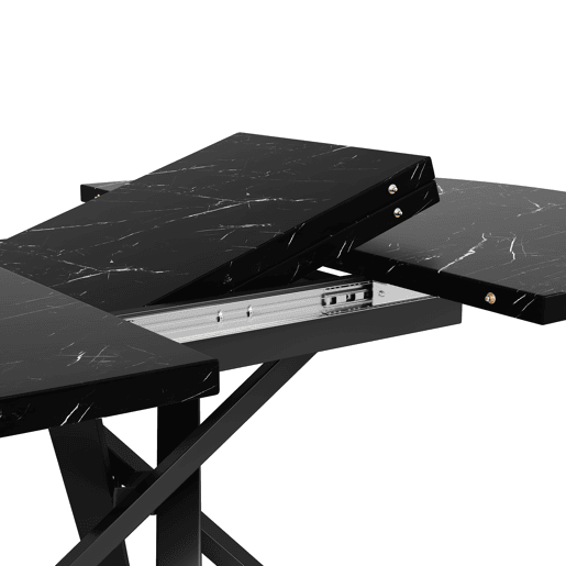 Mesa redonda extensível com efeito mármore - 100 cm (extensível até 140 cm) x 75,5 cm - Estrutura metálica X preta Mesa redonda extensível com efeito mármore - 100 cm (extensível até 140 cm) x 75,5 cm - Estrutura metálica X preta
