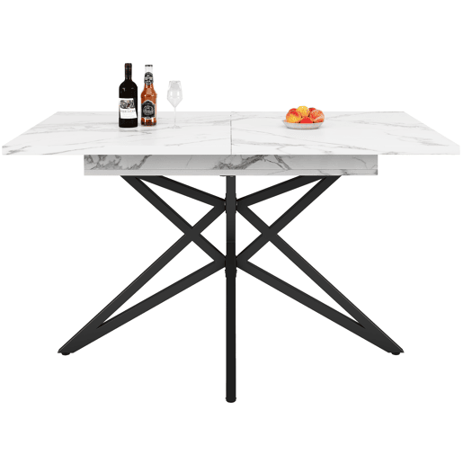 Mesa extensível 120 (160) x 80 cm - Mesa de cozinha, mesa de pequeno-almoço, pernas em forma de estrela, pernas em ferro preto, superfície em imitação de mármorenoz - Branca