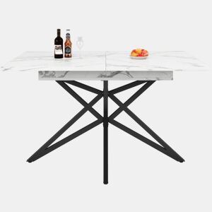 Mesa extensível 120 (160) x 80 cm - Mesa de cozinha, mesa de pequeno-almoço, pernas em forma de estrela, pernas em ferro preto, superfície em imitação de mármorenoz - Branca