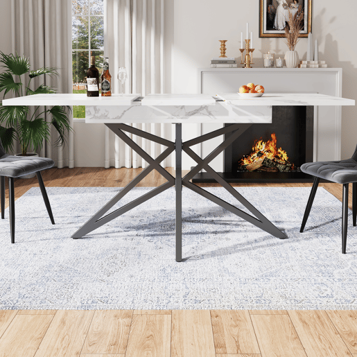Mesa extensível 120 (160) x 80 cm - Mesa de cozinha, mesa de pequeno-almoço, pernas em forma de estrela, pernas em ferro preto, superfície em imitação de mármorenoz - Branca