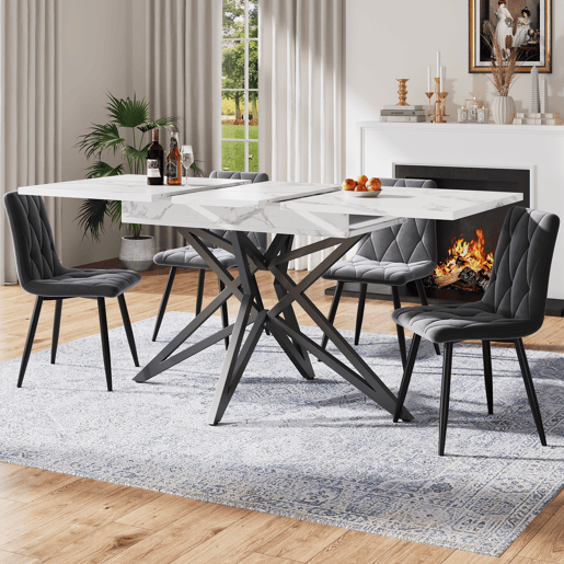 Mesa extensível 120 (160) x 80 cm - Mesa de cozinha, mesa de pequeno-almoço, pernas em forma de estrela, pernas em ferro preto, superfície em imitação de mármorenoz - Branca